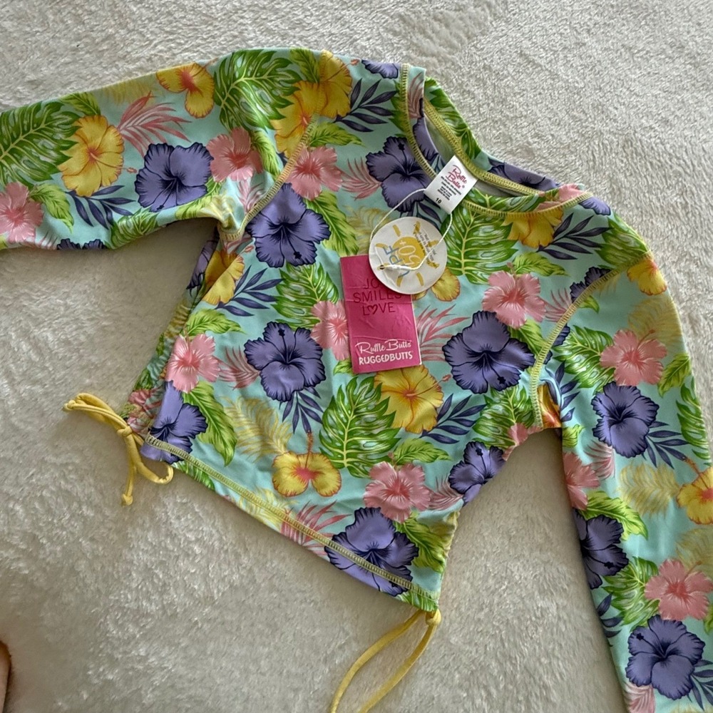 Ruffle Butts Aloha Blossom Girls Rash Guard TOP Size 10 UPF 50 NWT(Top Only)